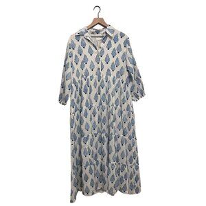 NWT Hand Block Print Blue and White Coral Print Linen Maxi Shirtdress Sz L